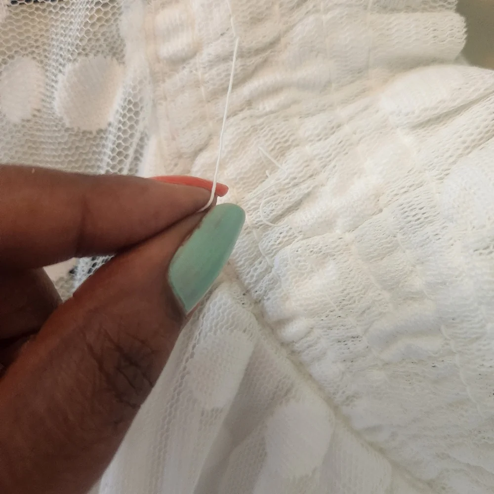 White polka dot bell sleeve dress. Stretchy collar that can be worn off shoulder - Picture 7 of 11